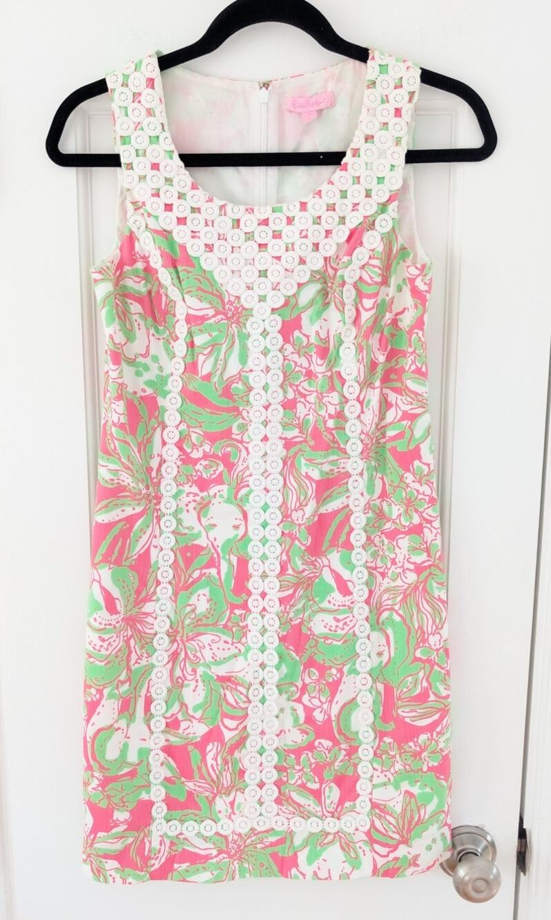 Lilly Pulitzer Sz 4 MacFarlane Hotty Pink Forgot My Trunk Lace Detail Dress